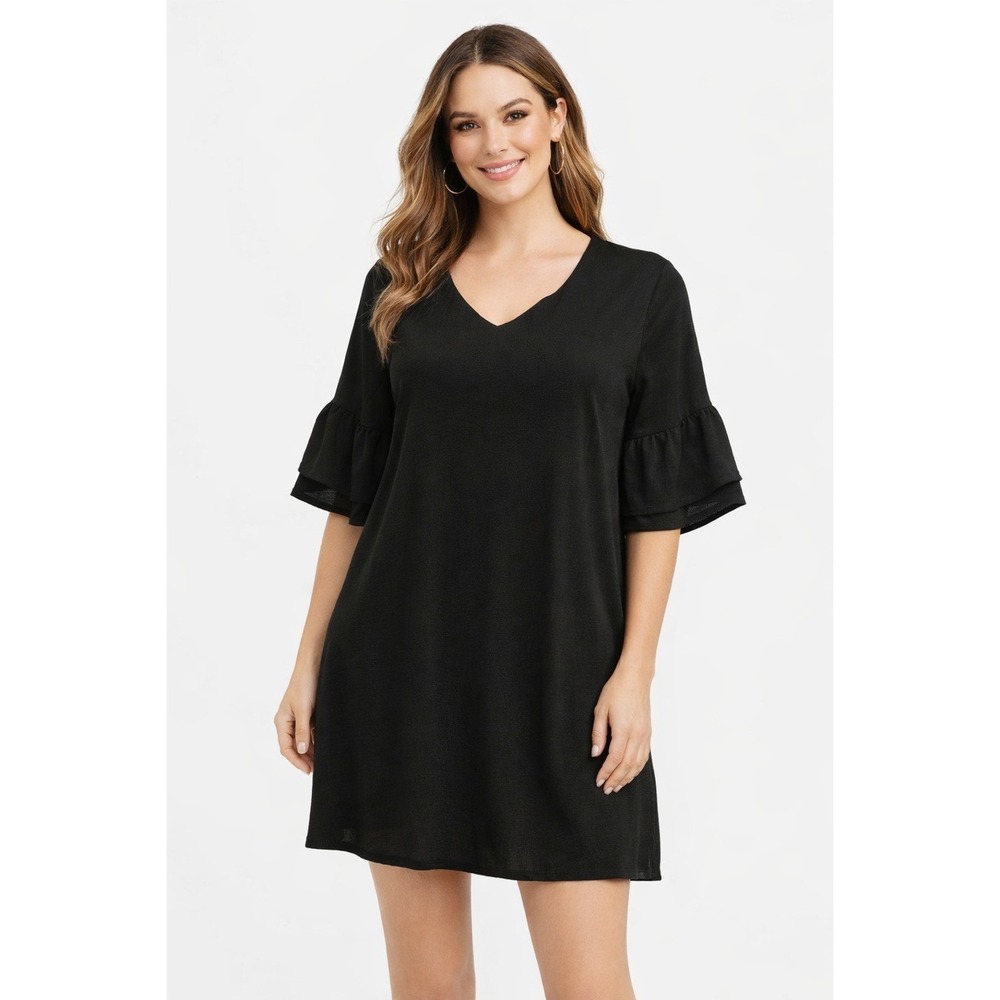 Belongsci Dress Womens XL Black V-Neck Tiered Bell Sleeve Mini NEW quiet luxury